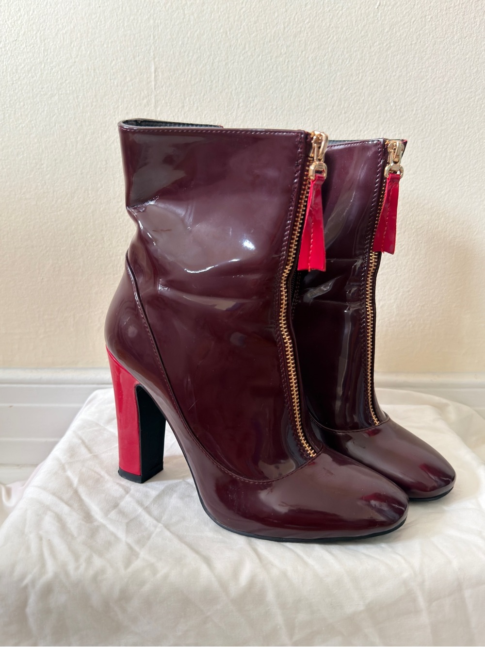 Public Desire Burgundy Patent Ankle Boots with Red Block Heel